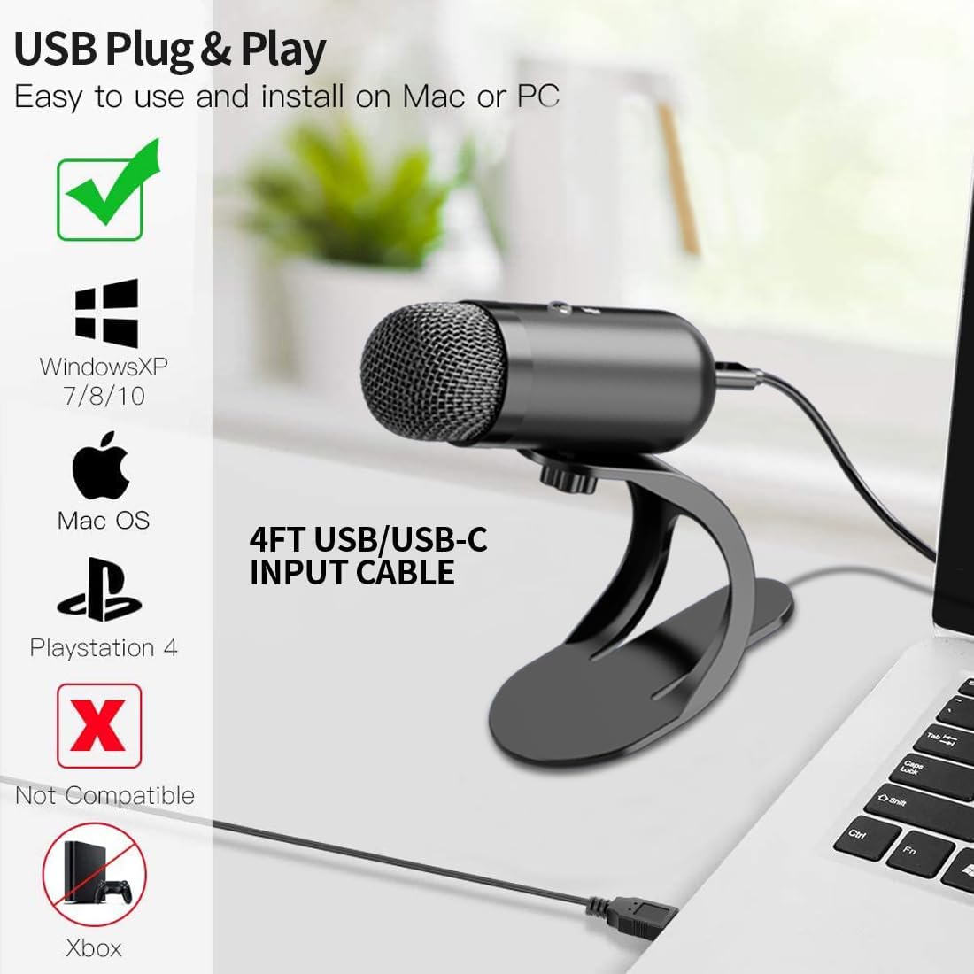 Streaming Mic Condenser - Microfone USB Profissional Condensador para Conferências,